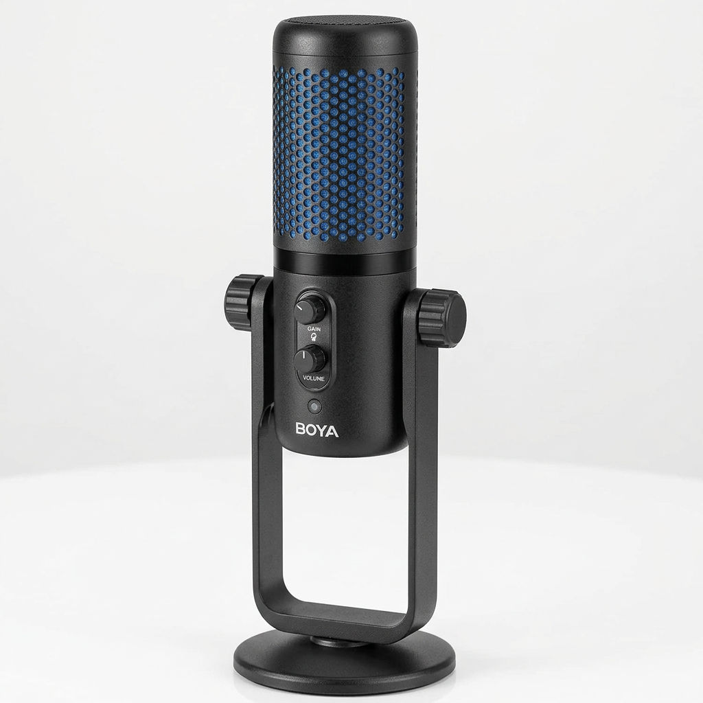 AI-generated unpacked view of a black BOYA PM740 USB microphone and desktop stand
