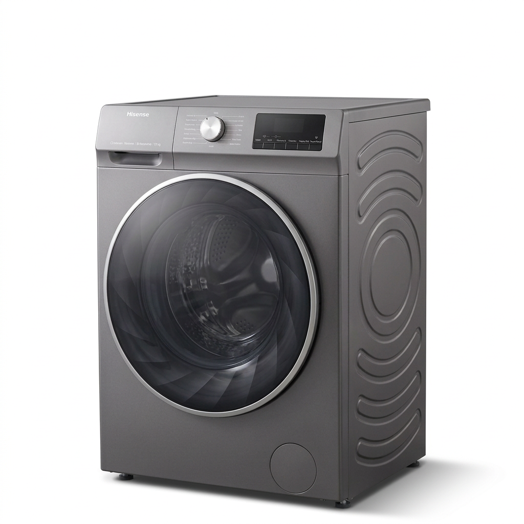 AI-edited grey Hisense washer closed on white based on first supplied reference; exact model unconfirmed.