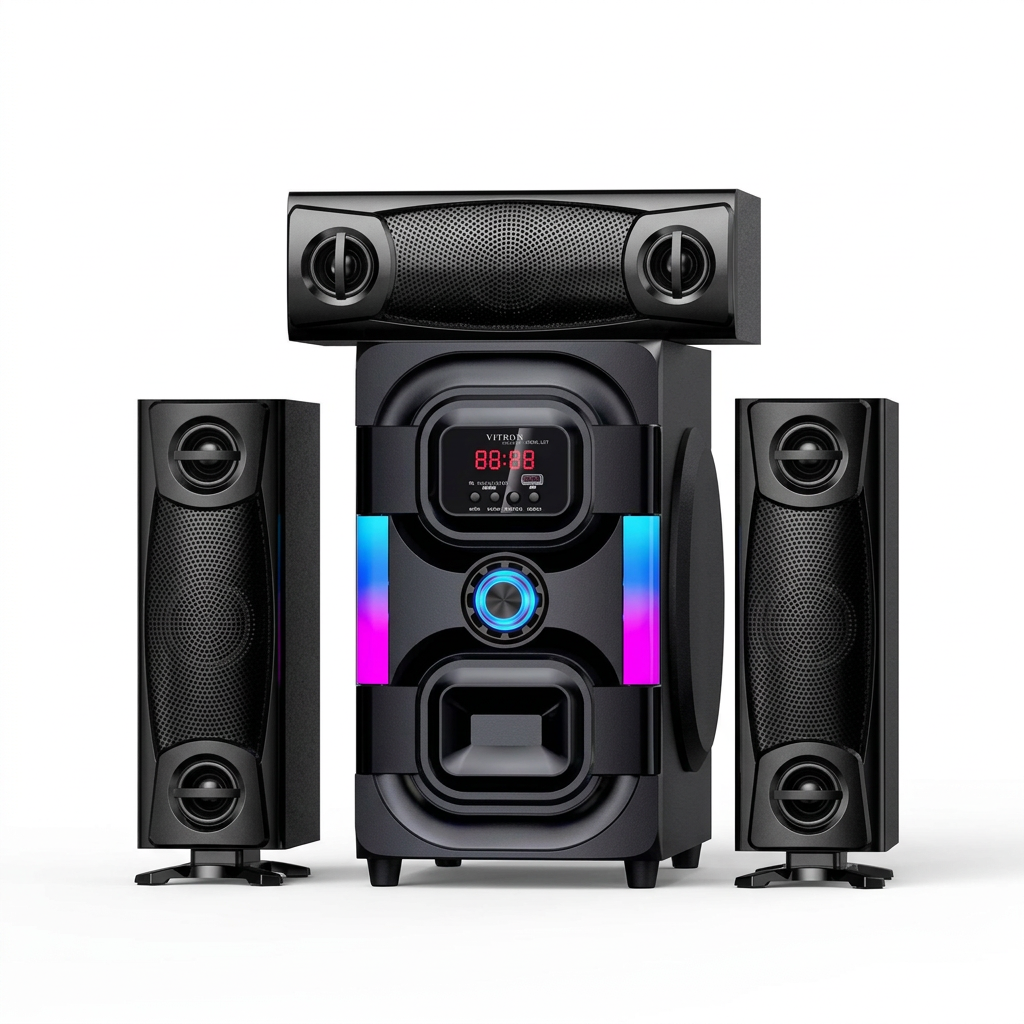AI-edited angled V645 speaker set on white; display, lighting and depth illustrative.