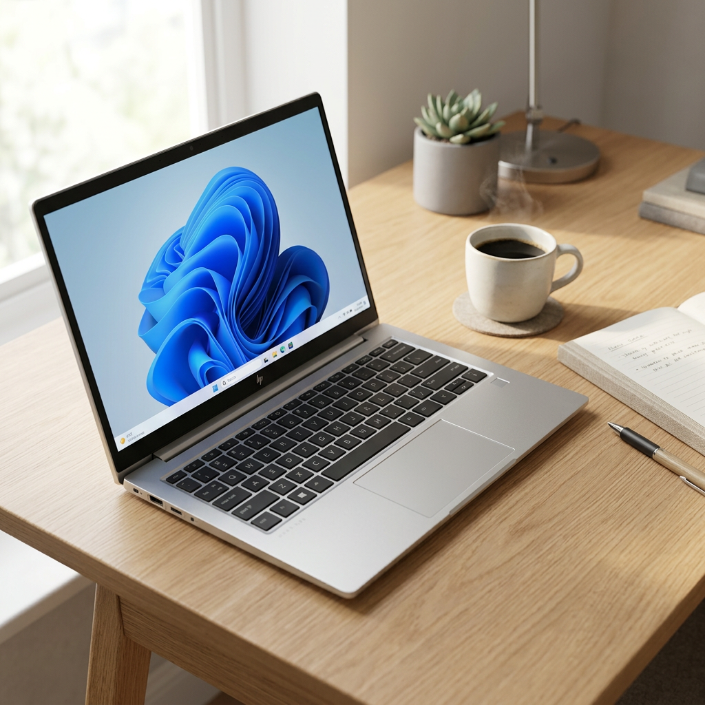 Silver HP laptop open on a home-office desk beside a notebook and coffee cup.