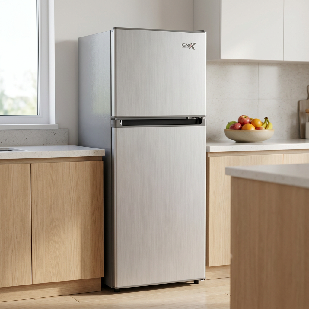 AI-generated reference-based GNIX silver double-door refrigerator in an illustrative kitchen