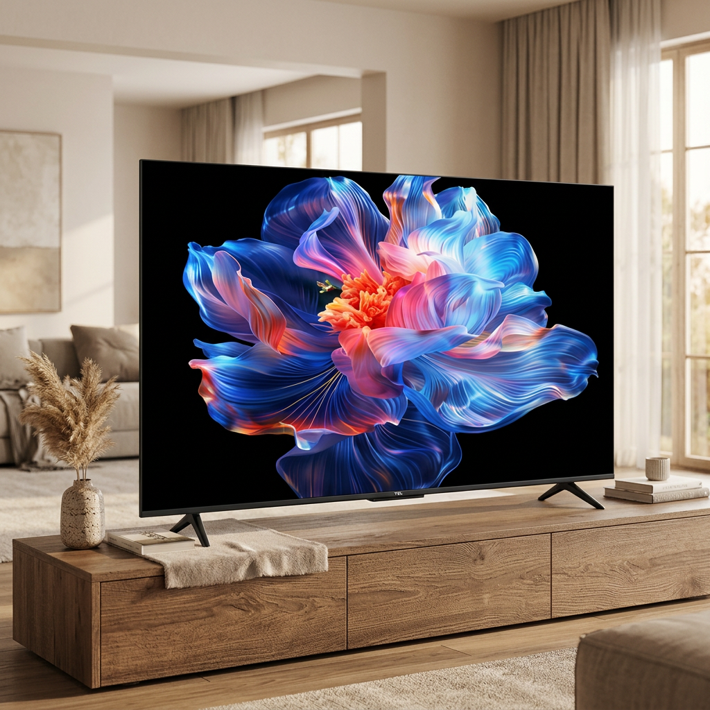 AI-edited TCL TV living-room illustration; screen illustrative, furniture and decor not included.