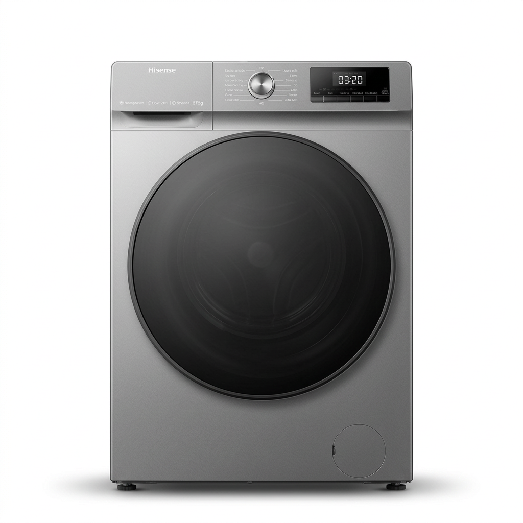 AI-edited grey Hisense washer-dryer closed on white based on first supplied reference; exact model unconfirmed.
