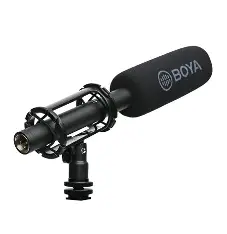 Black BOYA BM6060L shotgun microphone in suspension mount with BOYA-branded foam windshield