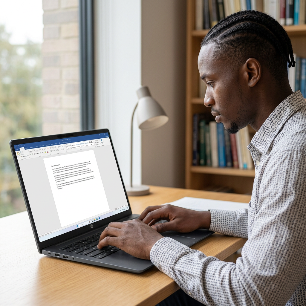 AI-generated illustration of a student typing on an HP OmniBook 3 laptop at a desk