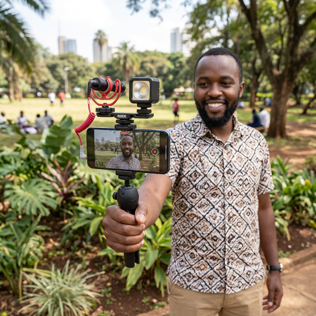 AI-generated illustration of a vlogger using a smartphone rig with RØDE microphone, LED light and tripod grip