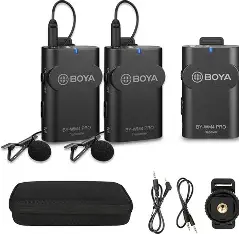 BOYA WM4 Pro reference showing two transmitters with lavalier microphones, a receiver, carrying case, audio leads and mounting accessory