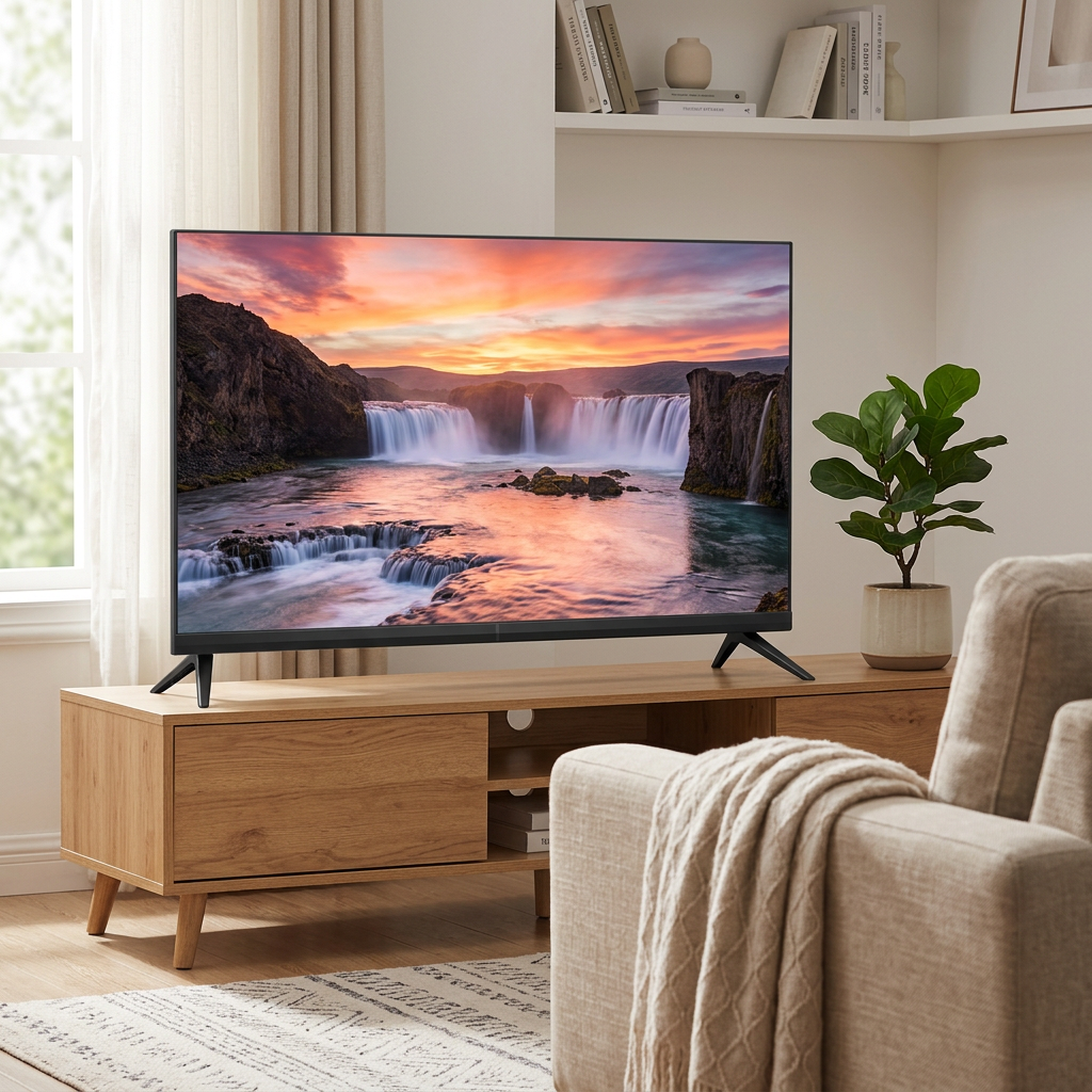 AI-edited Syinix 32-inch TV in living room; furnishings not included.