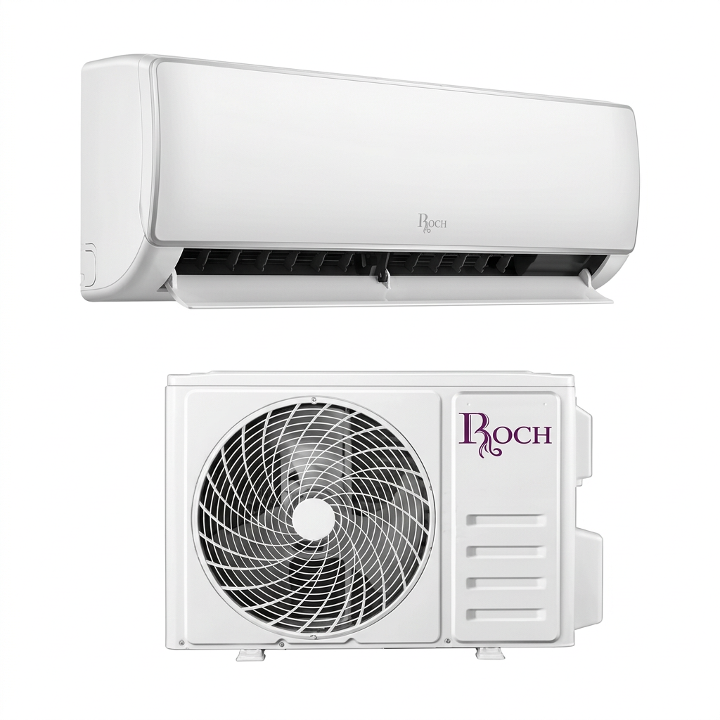 AI-edited ROCH split air conditioner set with indoor airflow louver open