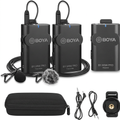 AI-generated unpacked illustration of BOYA WM4 Pro units, lavalier microphones, case and accessories; not verified box contents