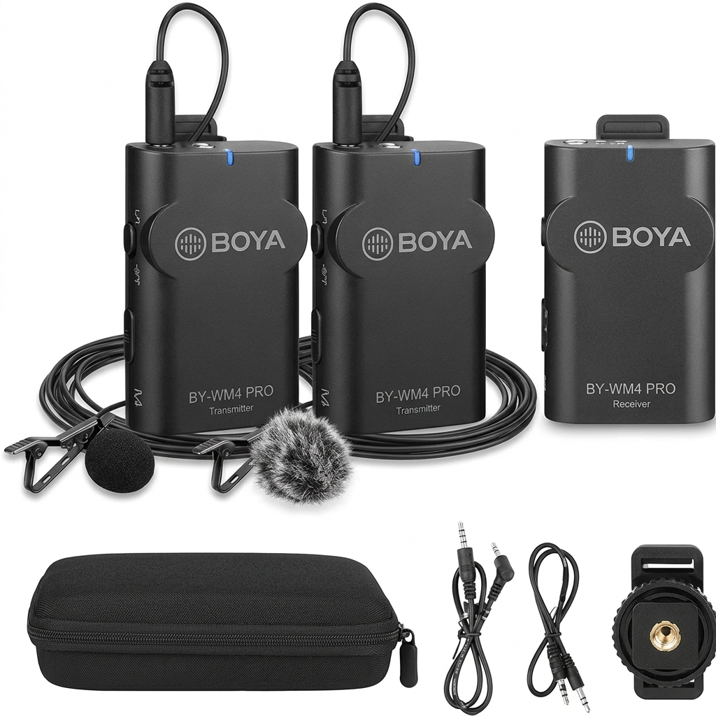 AI-generated unpacked illustration of BOYA WM4 Pro units, lavalier microphones, case and accessories; not verified box contents