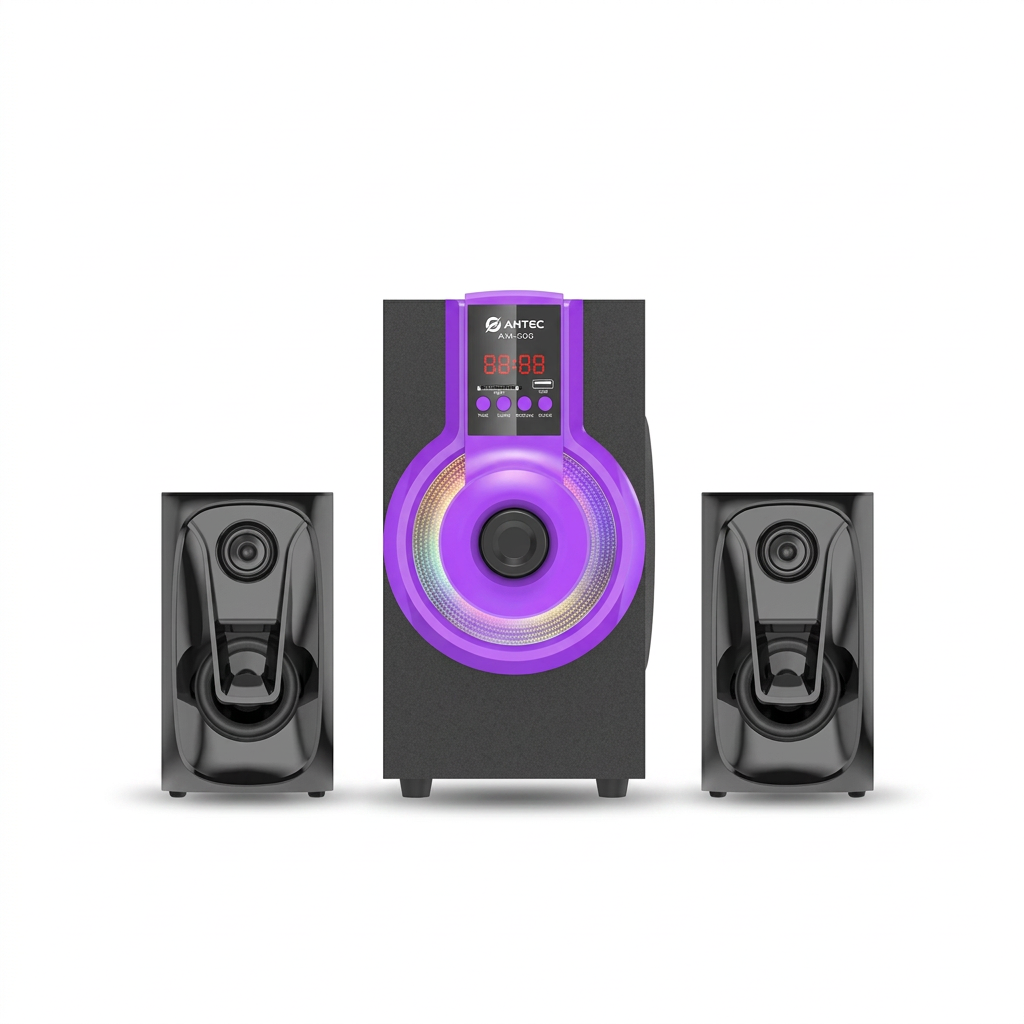 AI-edited woofer and two satellites based on main purple reference; actual supplied finish to confirm.