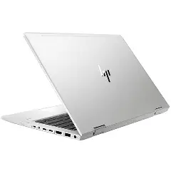 Silver HP laptop shown from a rear three-quarter angle on a white background.