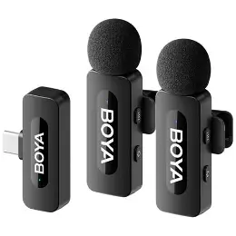 Two black BOYA V20 clip-on microphones with rounded foam heads and a slim USB-C receiver