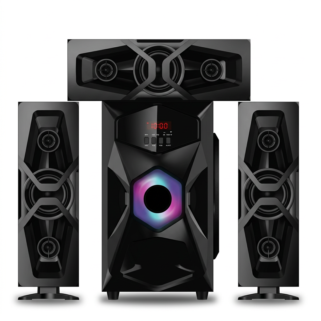 AI-edited AM-307 woofer, two upright satellites and horizontal centre speaker based on box reference.