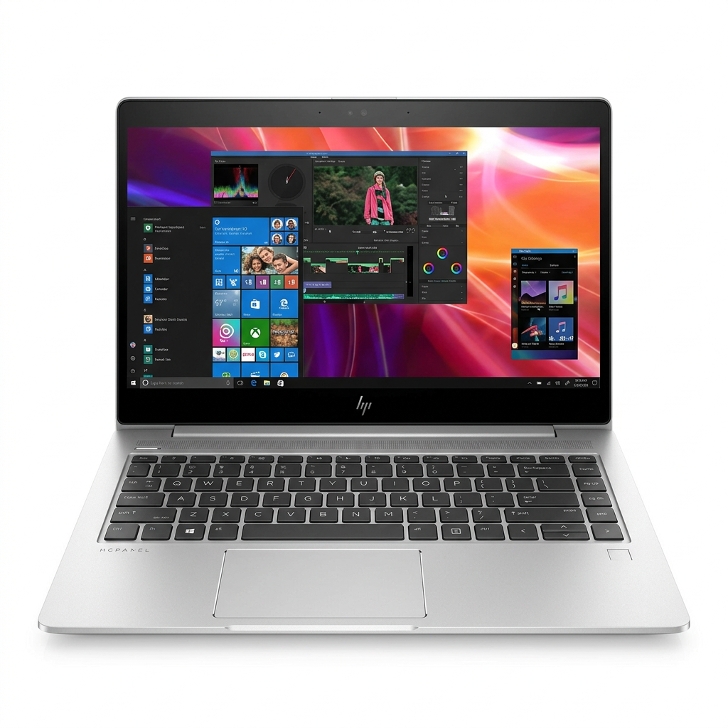 Open silver HP laptop showing the screen and keyboard on a white background.