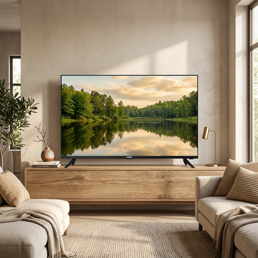 AI-edited Vision Plus TV living-room illustration; screen illustrative, furniture and decor not included.