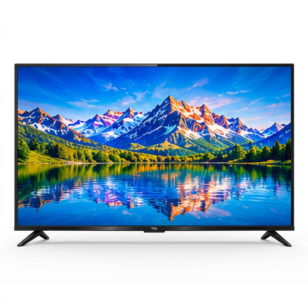 AI-edited TCL TV-only front view based on seller-selected reference; lake screen illustrative.