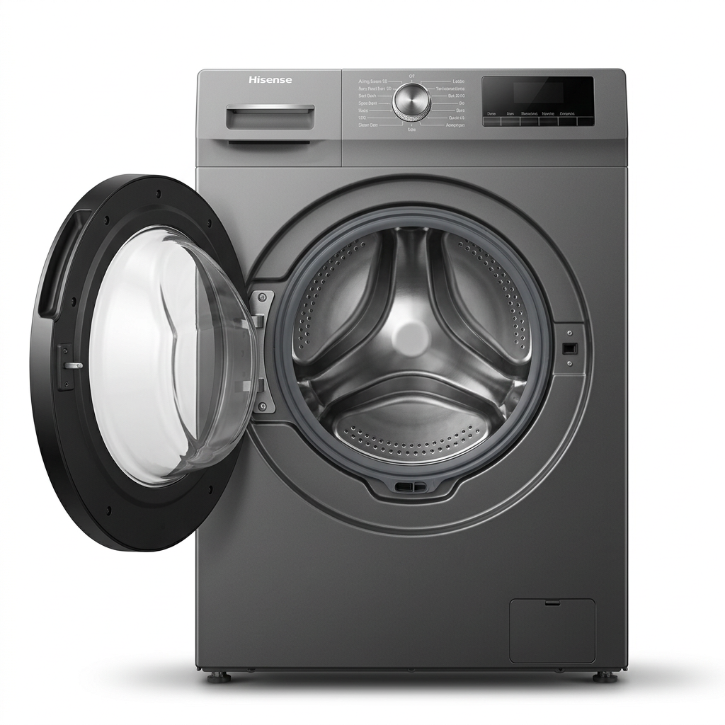 AI-edited grey Hisense washer with door open; drum gasket and hinge details illustrative.