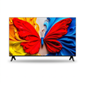 AI-edited TCL TV front view based on seller reference, slim black frame and two feet; butterfly screen illustrative.