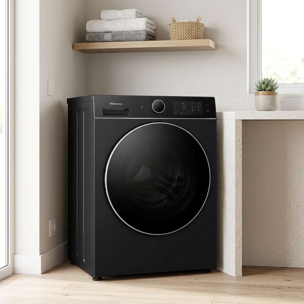 AI-edited black Hisense washer-dryer in a laundry room; furniture basket towels and decor excluded.
