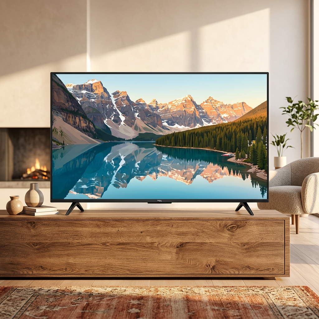 AI-edited TCL V6D living-room illustration; screen and scale illustrative, furniture not included.