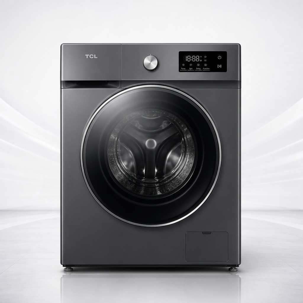 AI-edited TCL C7110FLG graphite-grey front-load washer with door closed based on main reference.