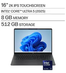 HP laptop reference listing a 16-inch 2K IPS touchscreen, Intel Core Ultra 5, 8GB memory and 512GB storage