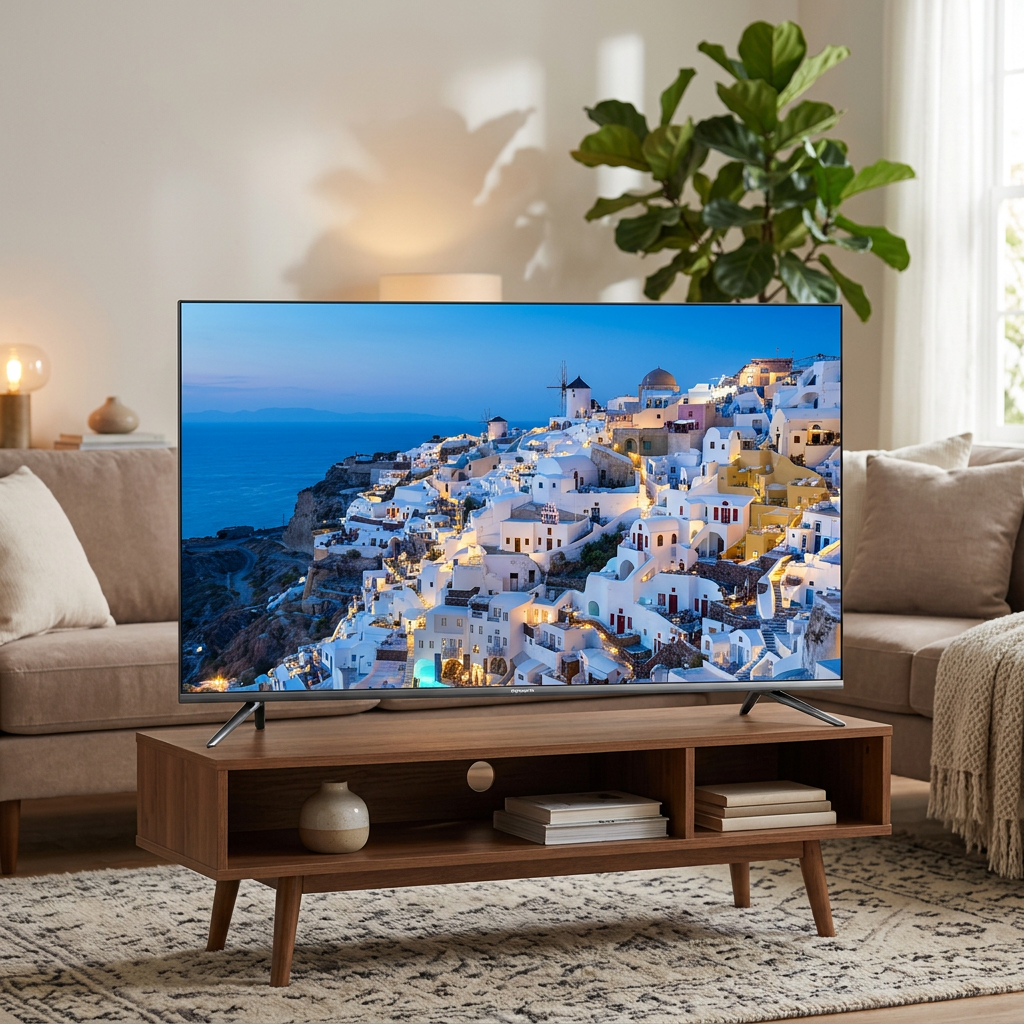 AI-edited Skyworth 43-inch TV in living room; screen content illustrative and furnishings not included.
