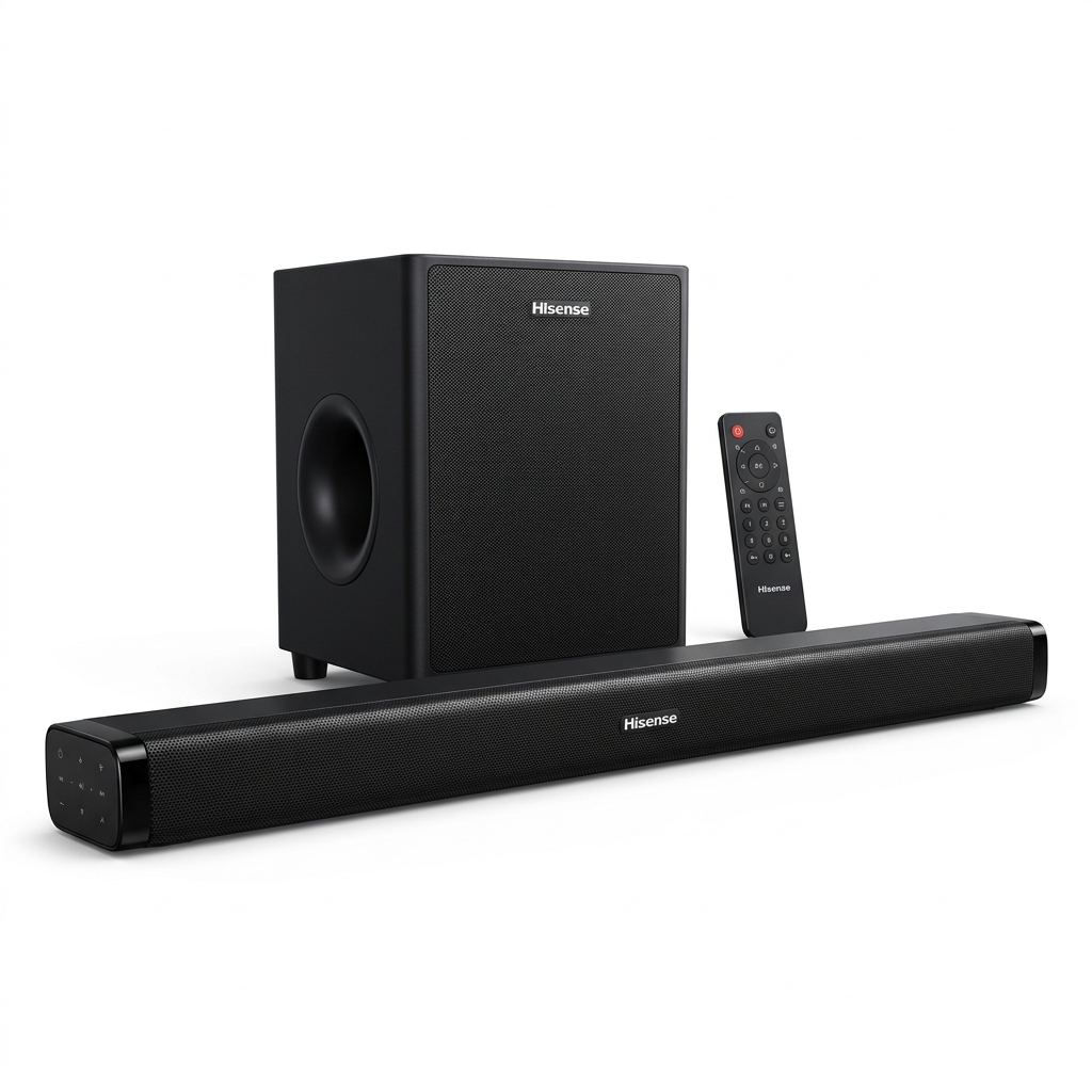 AI-edited Hisense soundbar, subwoofer and remote on white based on main saved reference.
