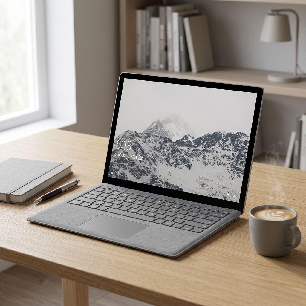 Grey Microsoft Surface laptop open on a desk beside a notebook and coffee cup.