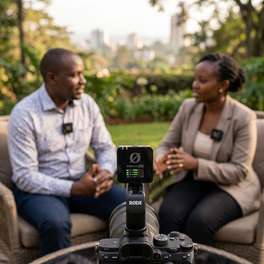 AI-generated illustration of a two-person interview using a RØDE Wireless PRO microphone system