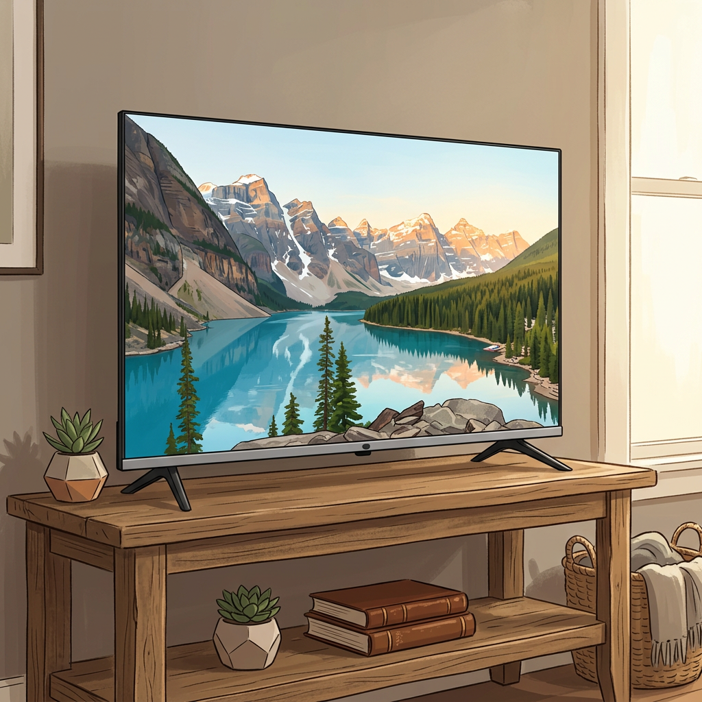 AI-edited Vitron TV living-room illustration; furniture not included, screen and scale illustrative.