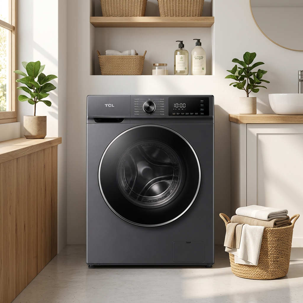 AI-edited TCL washer laundry-room illustration; furniture, towels and basket not included, scale illustrative.