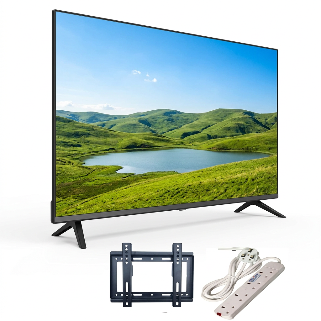 AI-edited angled Amtec TV with included wall bracket and extension strip; accessory appearance and screen illustrative.