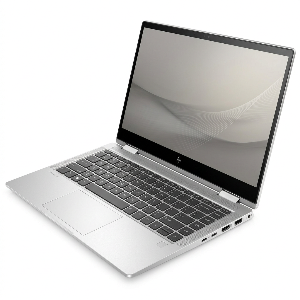 Silver HP laptop open with keyboard and screen visible on a white background.