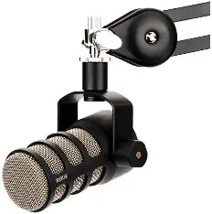 Black and silver RØDE PodMic dynamic microphone suspended from a boom arm on a white background