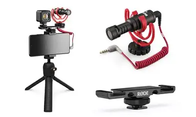 RØDE Vlogger Kit illustration showing smartphone rig, mini tripod, LED light, microphone with red mount and mounting bar