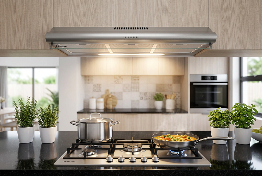 Hisense 90cm Slim Visor Cooker Hood - Mounted Under Cabinet in Modern Kitchen