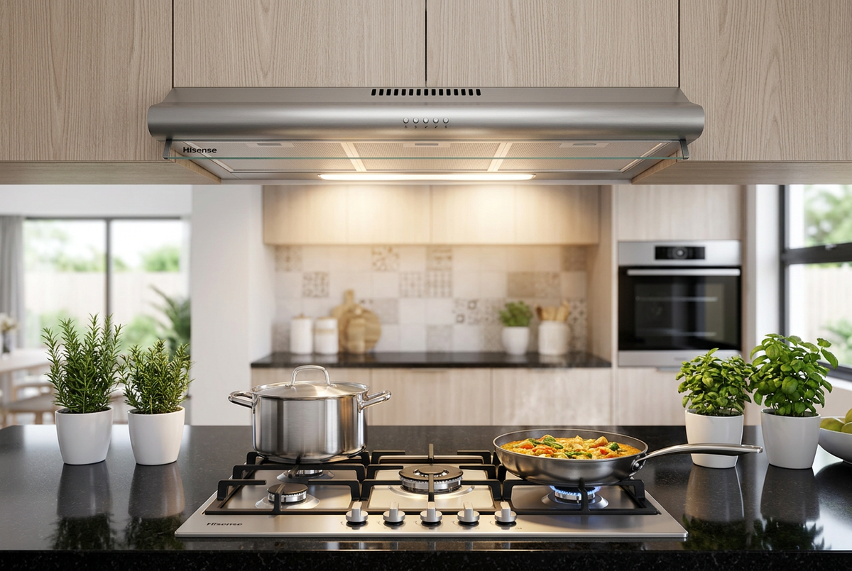Hisense 90cm Slim Visor Cooker Hood - Mounted Under Cabinet in Modern Kitchen