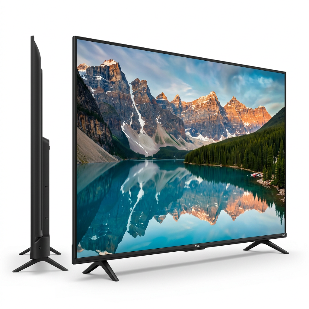 AI-edited angled TCL V6D television on white; illustrative screen and depth.