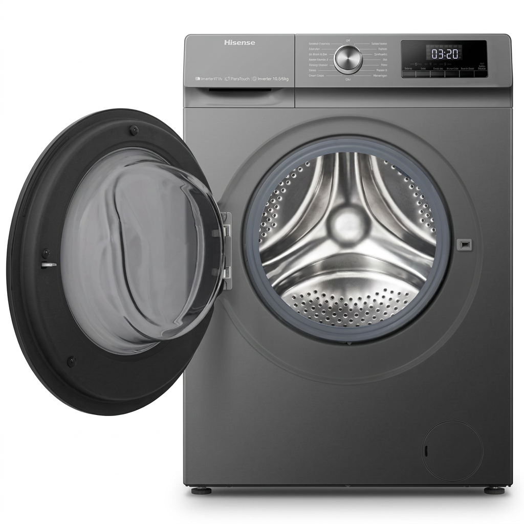 AI-edited grey Hisense washer-dryer door open; interior drum gasket and hinge details illustrative.