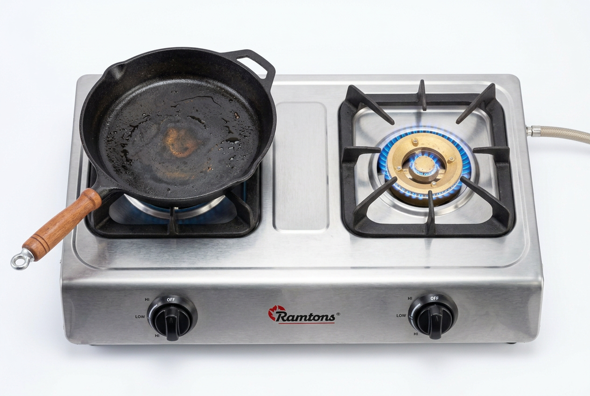 Ramtons RG/516 Double Burner Gas Cooker - Burners Lit