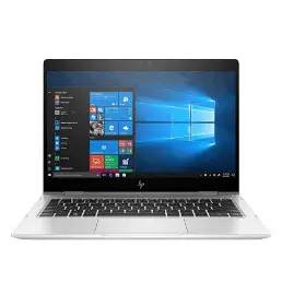 Silver HP laptop viewed from the front, open on a white background.
