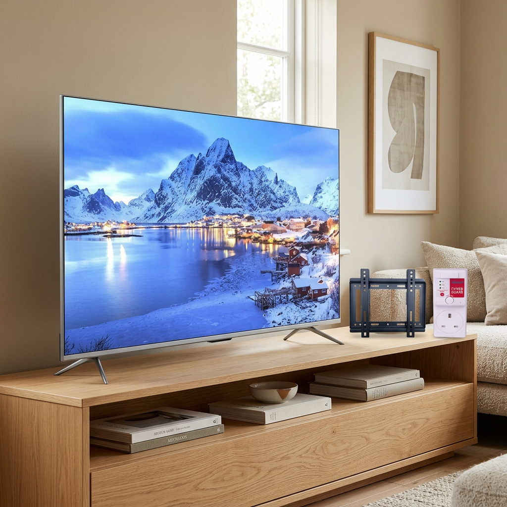 AI-edited Vitron 50-inch TV with TV guard and bracket in living room; furnishings not included.