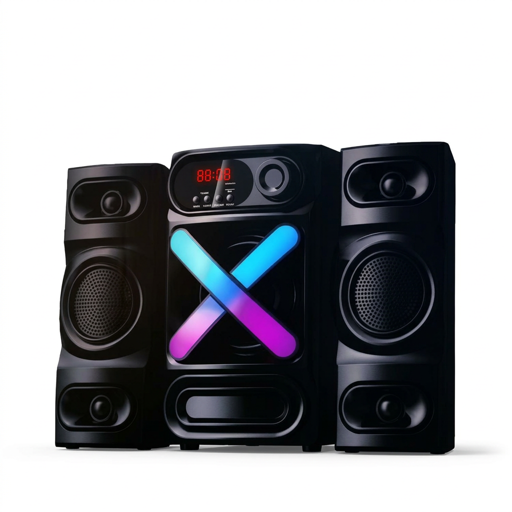 AI-edited V510 main woofer and two satellites on white, based on saved reference.