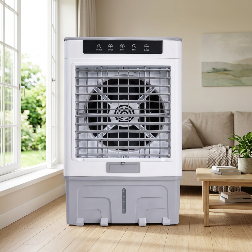 AI-generated reference-based 35L evaporative cooler in an illustrative ventilated living room