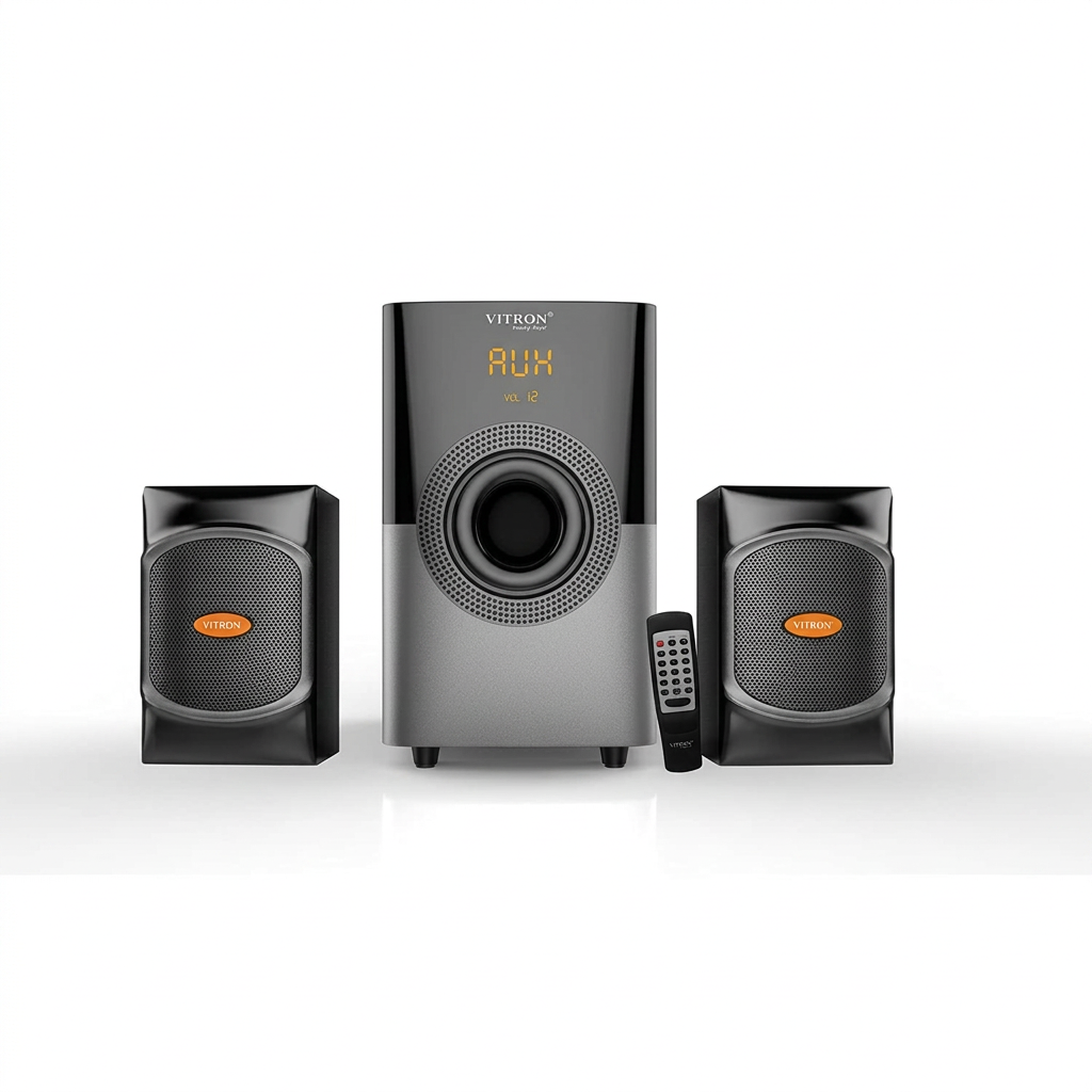 AI-edited Vitron V401 speaker set and remote on white background.