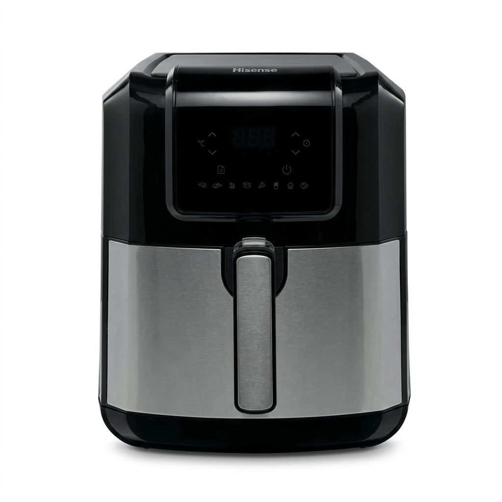 AI-edited reference-based Hisense 6.3L black and silver single-basket air fryer normal view