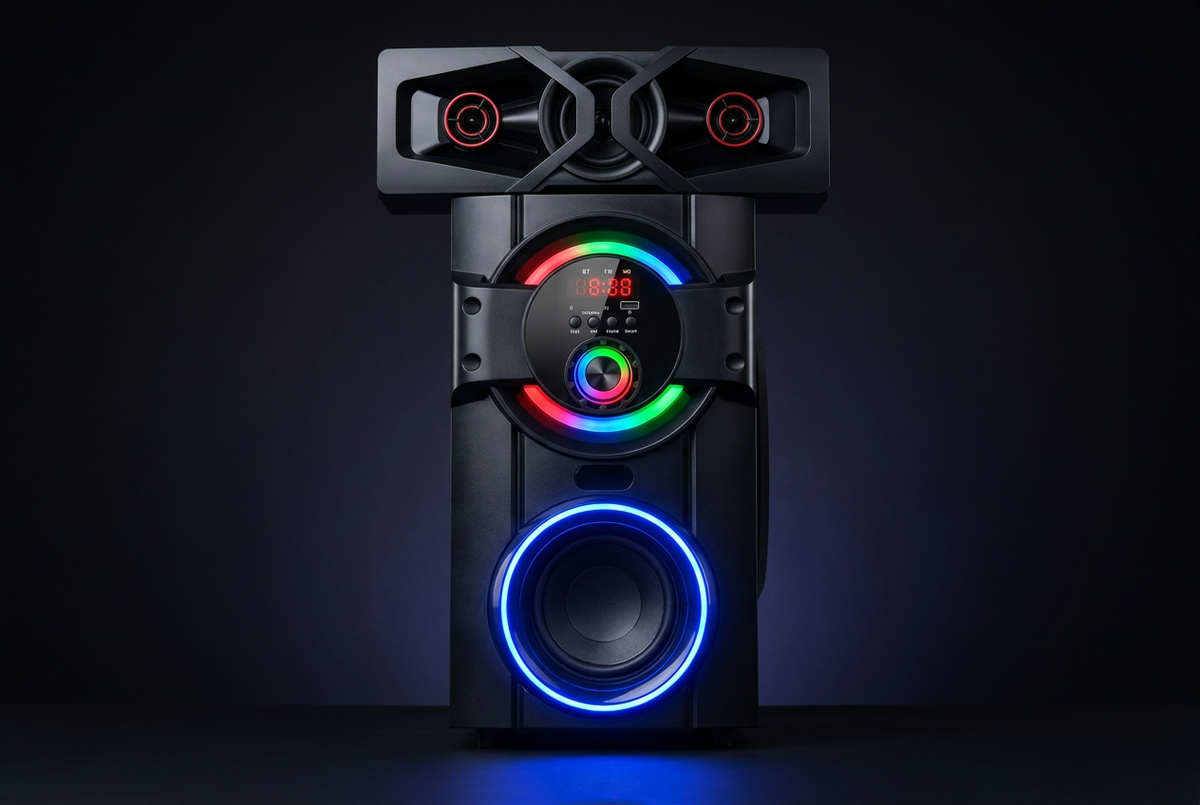 Amtec AM-310 3.1CH 12000W PMPO Multimedia Speaker System - Subwoofer Close-up with Blue LED and RGB Detail